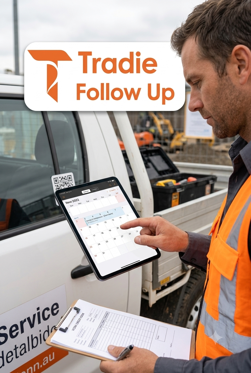 Illustration of a tradie beside a ute using a tablet on site