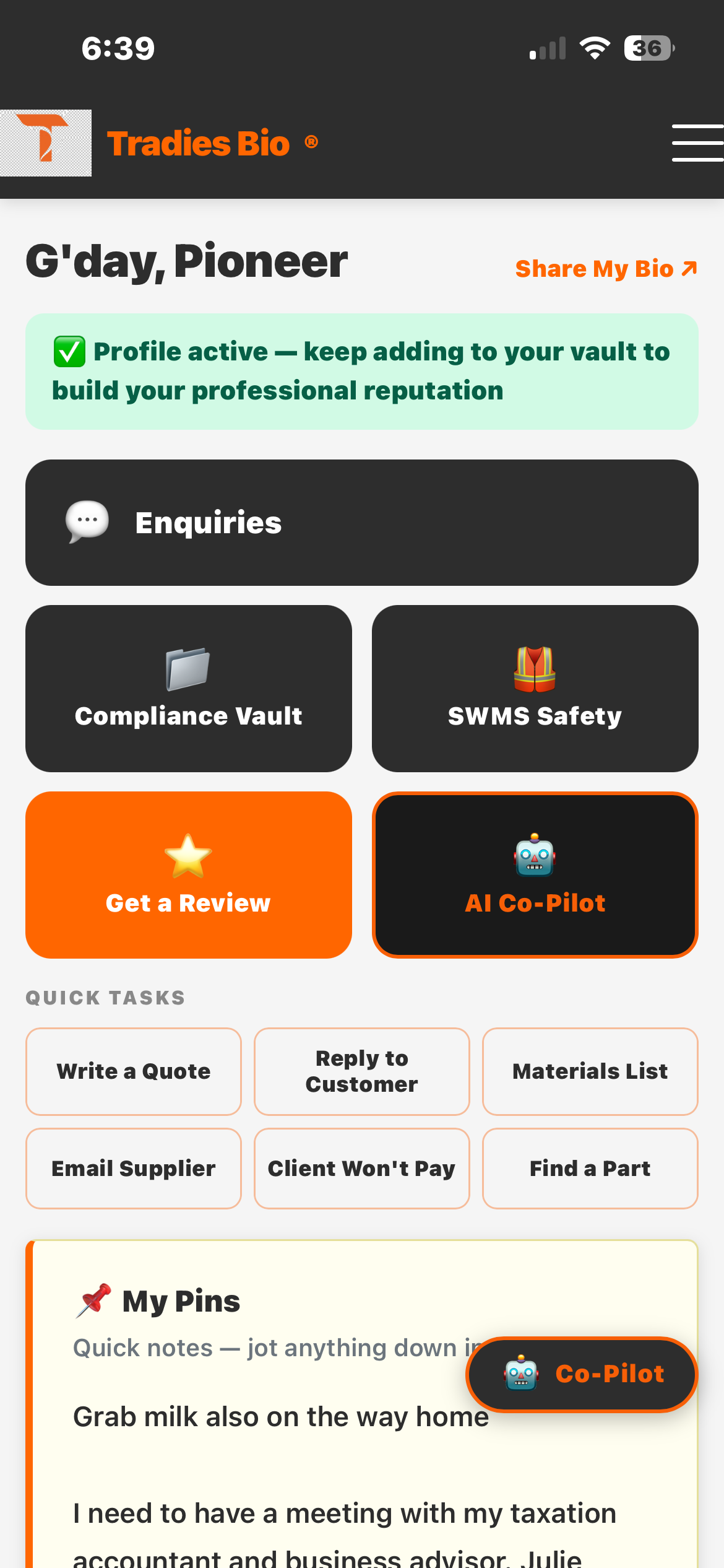 Tradies Bio® dashboard — live screenshot