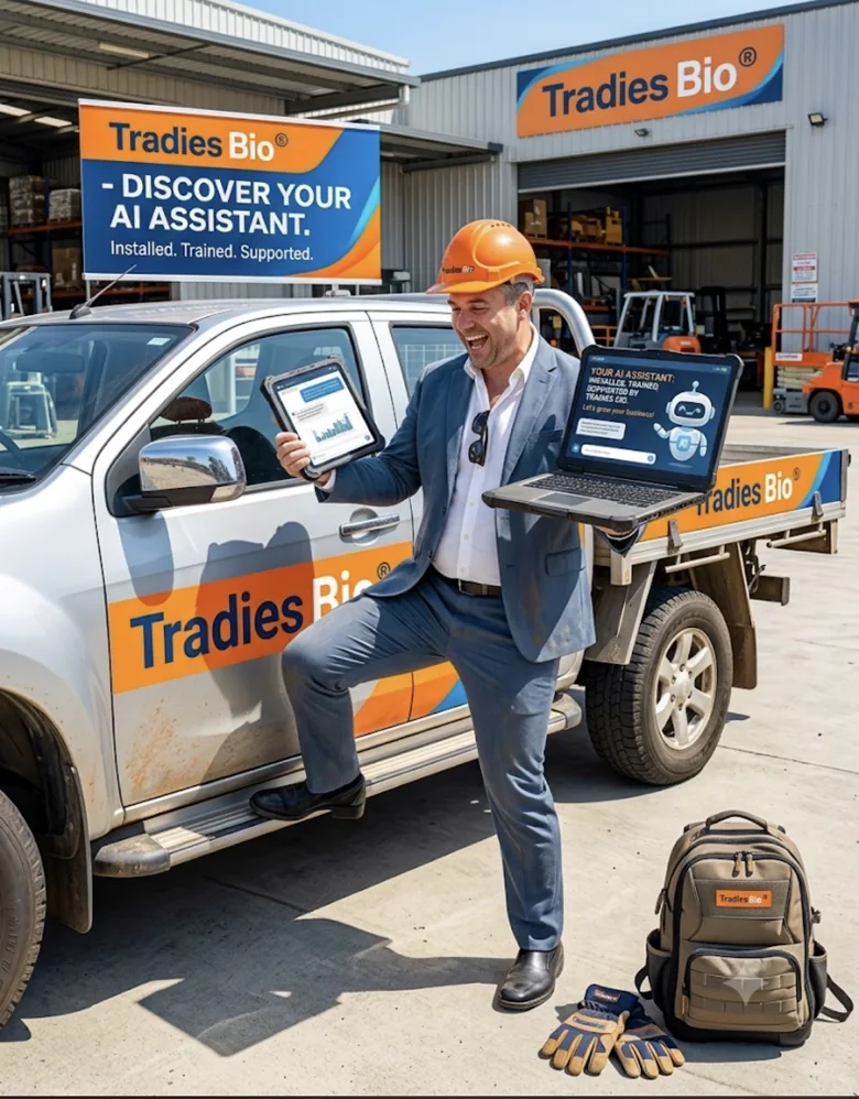 Tradies Bio promotional scene showing a smiling tradie with a tablet and laptop beside a branded ute