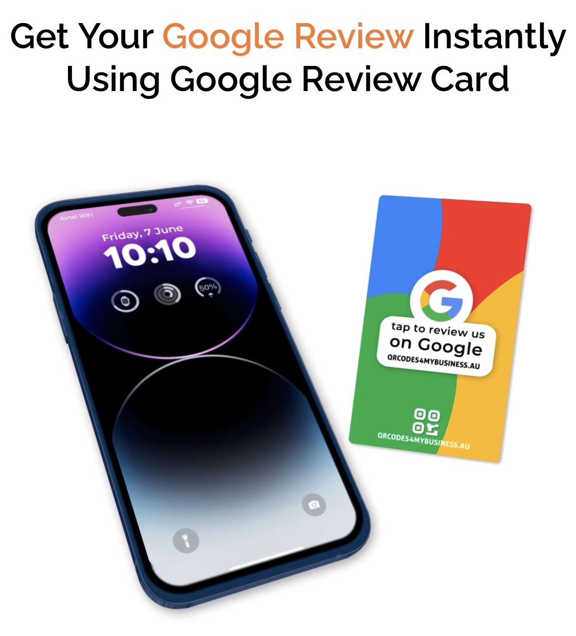 Phone and Google review card — tap to review on Google