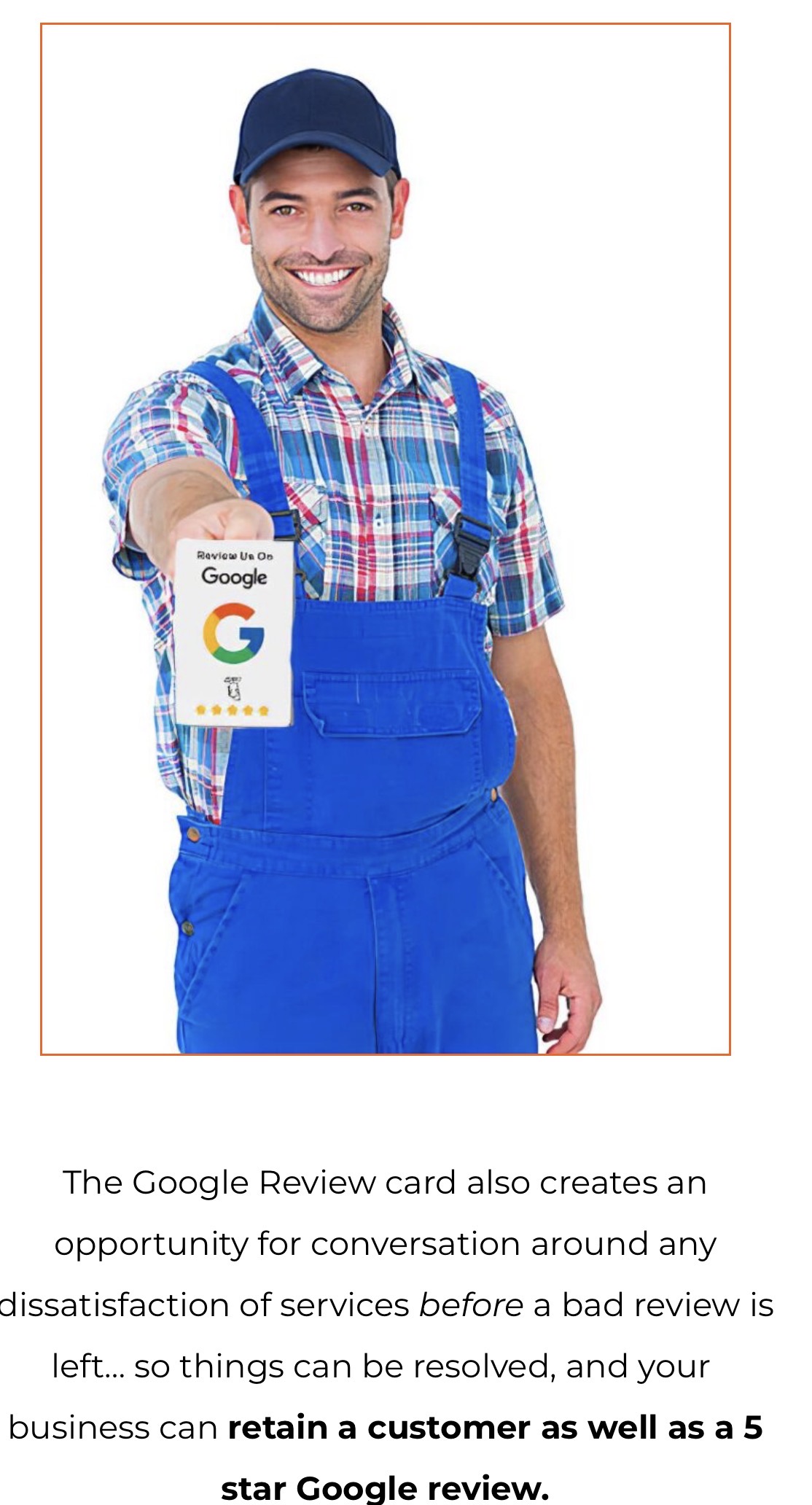 Tradie handing a Google review card to a customer
