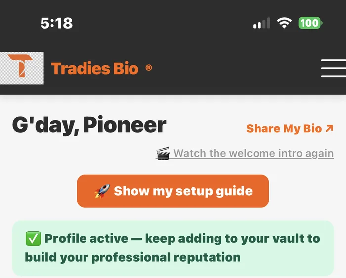 Web App screen showing the Share My Bio link and active profile confirmation