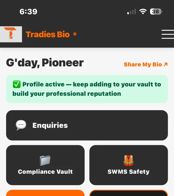 Tradies Bio Web App dashboard with Enquiries, Compliance Vault and SWMS Safety